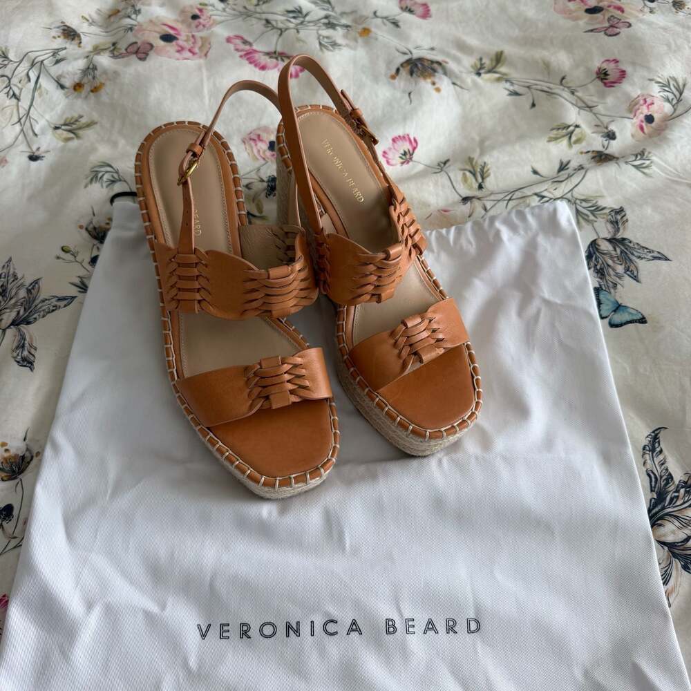 Veronica Beard Cognac Woven Leather Espadrille Wedges